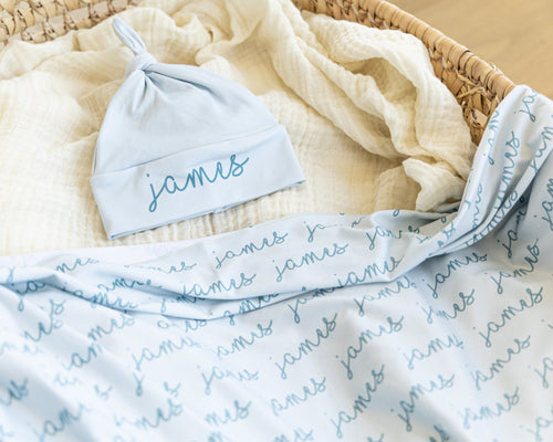 Personalized Baby Swaddle Blanket, Custom Name Knot Hat & Headband Bow Set, Newborn Coming Home Outfit, Baby Shower Gift