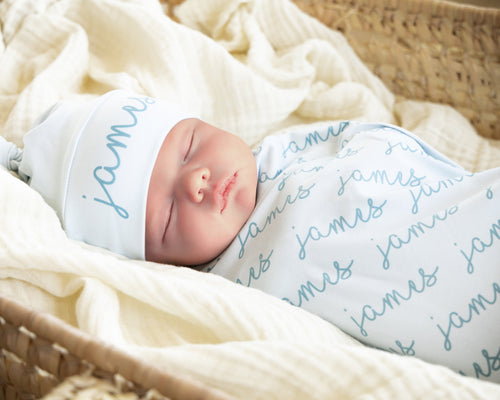 Personalized Baby Swaddle Blanket, Custom Name Knot Hat & Headband Bow Set, Newborn Coming Home Outfit, Baby Shower Gift