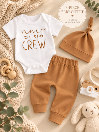 New to the Crew Baby Outfit, 3 Piece Newborn Coming Home Set, Neutral Baby Boy Girl Outfit, Baby Shower Gift, Knot Hat & Pants