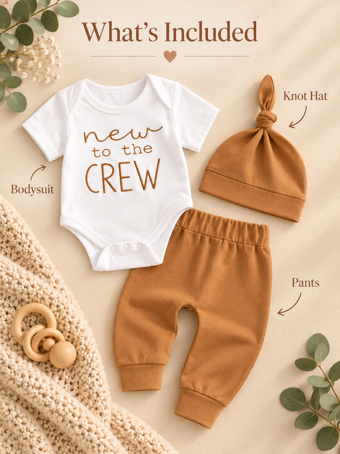 New to the Crew Baby Outfit, 3 Piece Newborn Coming Home Set, Neutral Baby Boy Girl Outfit, Baby Shower Gift, Knot Hat & Pants