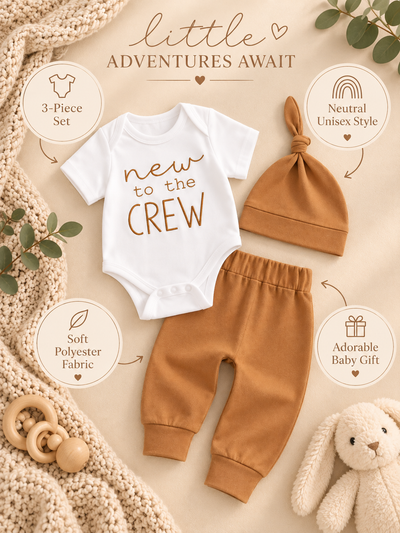 New to the Crew Baby Outfit, 3 Piece Newborn Coming Home Set, Neutral Baby Boy Girl Outfit, Baby Shower Gift, Knot Hat & Pants