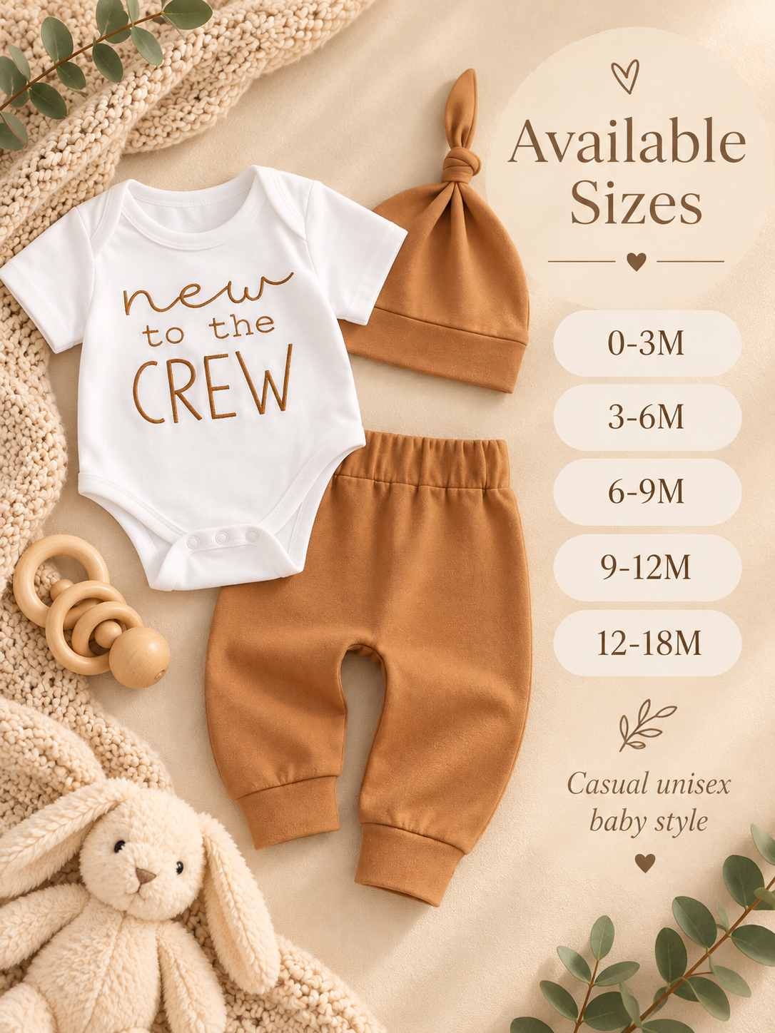 New to the Crew Baby Outfit, 3 Piece Newborn Coming Home Set, Neutral Baby Boy Girl Outfit, Baby Shower Gift, Knot Hat & Pants