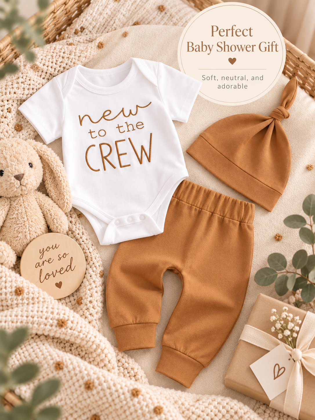 New to the Crew Baby Outfit, 3 Piece Newborn Coming Home Set, Neutral Baby Boy Girl Outfit, Baby Shower Gift, Knot Hat & Pants